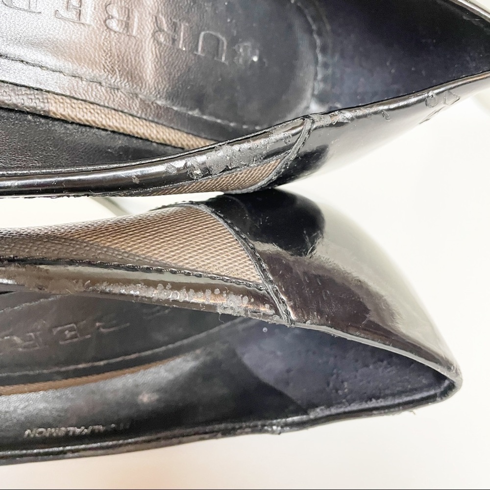 Burberry Black Smoke Check Coated Canvas Patent Leather Buckle Round 39.5 Pumps - Picture 12 of 16